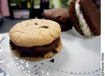 A gluten-free cookie sandwich with cream filling from Auntie Loo's bakery