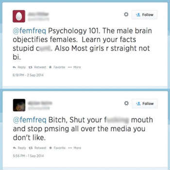 Blogger and gamer Anita Sarkeesian chronicled her online harassment on her Twitter account, @femfreq.  [Photo courtesy of Twitter]