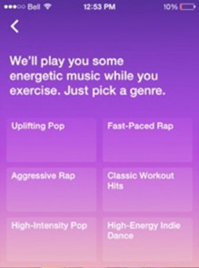 A screenshot image of Songza, an online music app that asks users what they are doing and once the users tell them, there are six curated playlists that appear that ask them what type of genre they want to listen to.