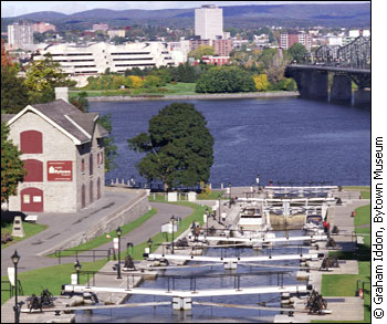 A small stone building beside the Ottawa canal locks