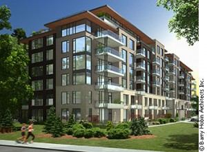 Nestled nicely within the green landscape of Kanata, this is a rendering of the new condo development, Two the Parkway.