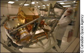 SCISAT-1 in a clean room at Magellan Aerospace's Bristol facility in Winnipeg