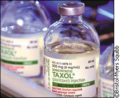 A close-up of a vial of Taxol
