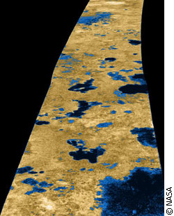 A false-colour image of lakes found on Titan's surface