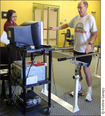 Clients of the NeuroGym Trainer work on balance while playing games