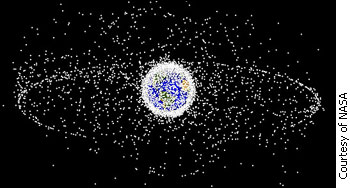 An artists rendition of space debris around the earth from a view in outer space