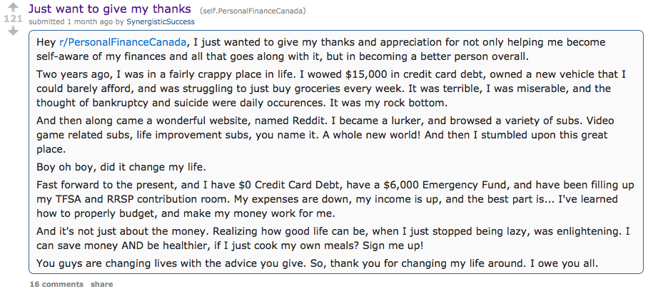 A Canadian Reddit user posts a thank you to the forum in February.